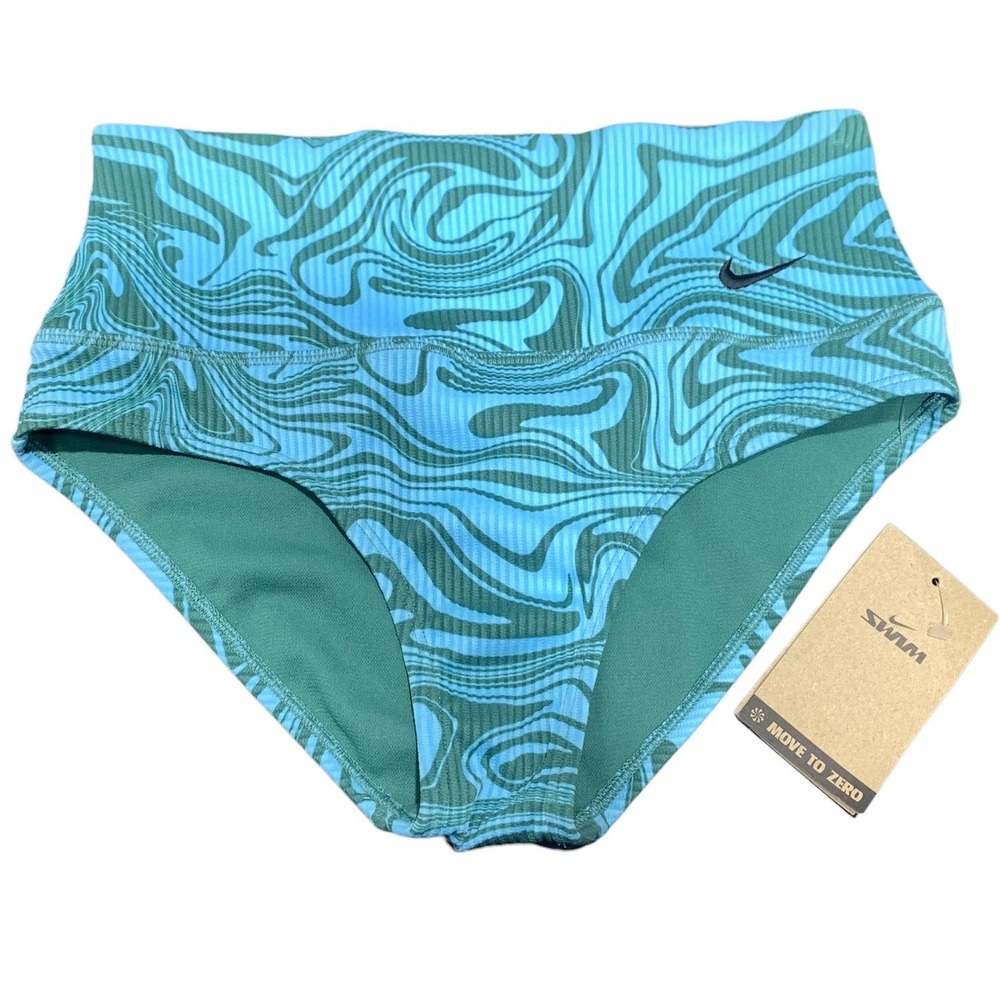 Nike Swim Women Blue Green Swirl Marble Ribbed High Waist Bikini Bottom NESSB290